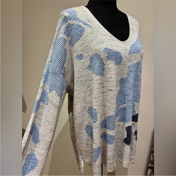 Nic + Zoe Women’s Breezy Leaves Gray Blue Knit Ribbed V Neck Spring Sweater - Picture 3 of 7